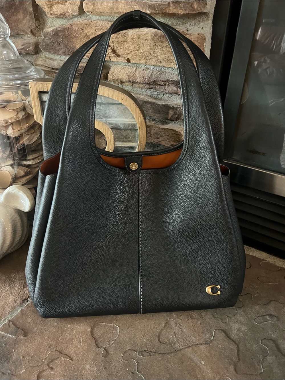 Coach Black Pebbled Leather Shoulder Tote Lana